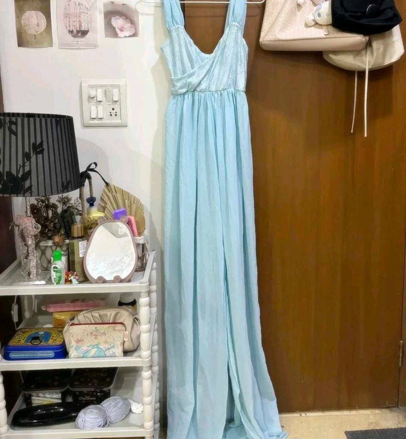 Pastel Light Blue Pleated Slit Maxi Gown!