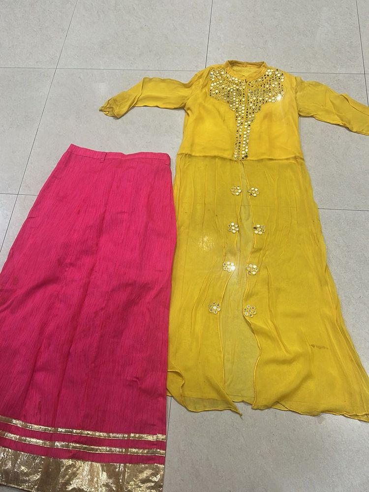 Beautiful Yellow Kurta Set with Pink Skirt