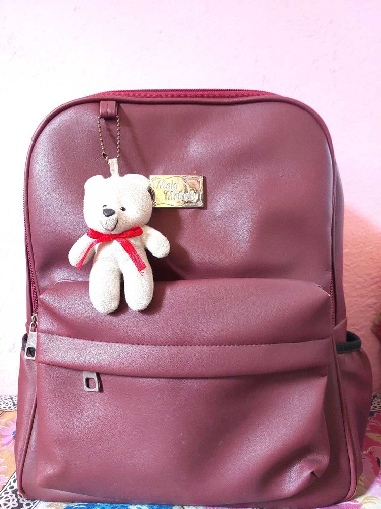 Maroon Backpack with Teddy Charm