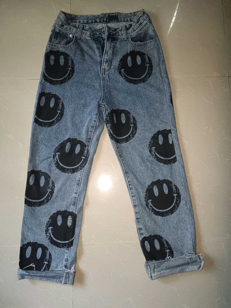Smiley Face Print Denim Jeans