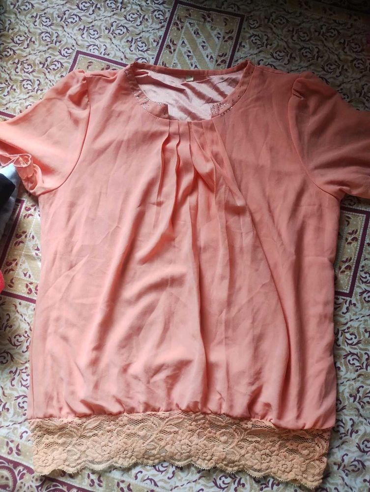 Peach Lace Trimmed Top