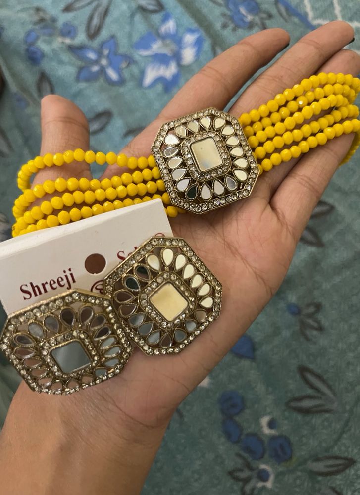 Yellow Beaded Choker Set with Earrings