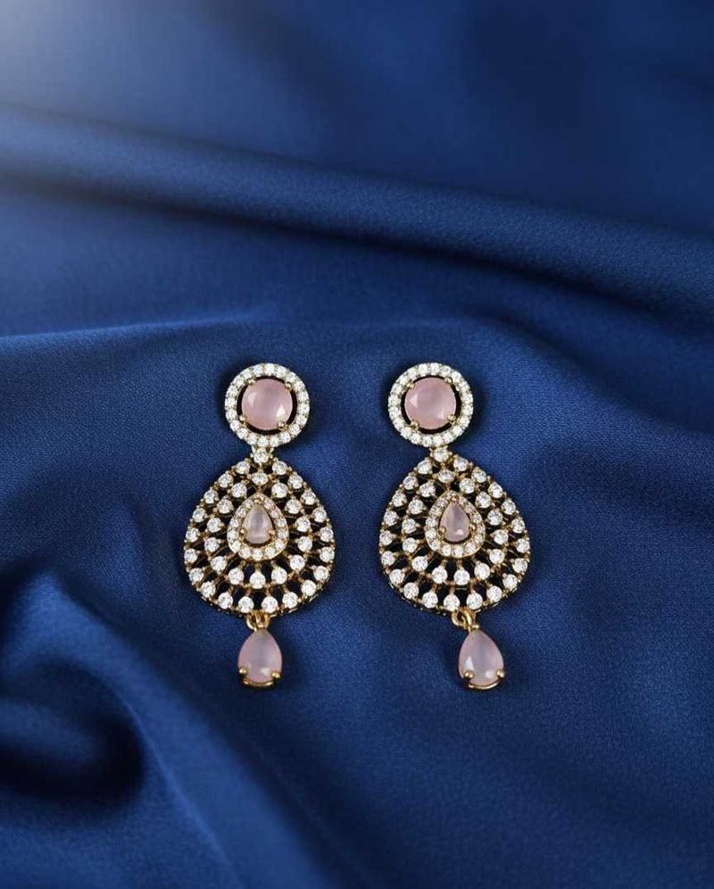 Elegant Pink Stone &amp; Diamond Drop Earrings