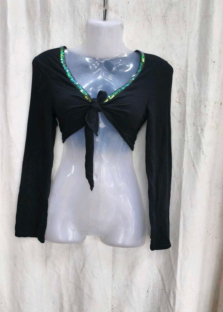22139. Sequin Trim Tie-Front Bolero