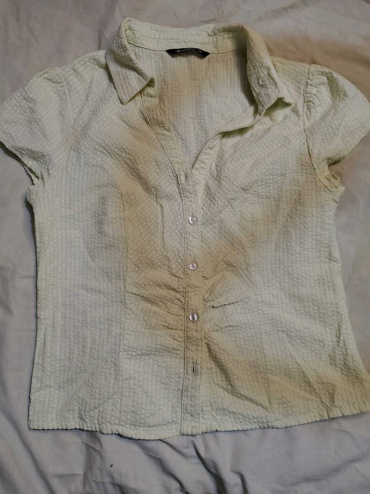 Light Green Textured Button-Up Top