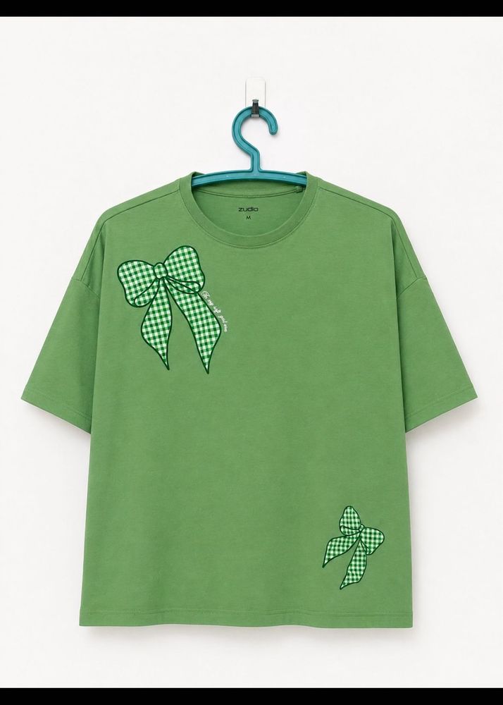 Green T-Shirt with Bow Appliques
