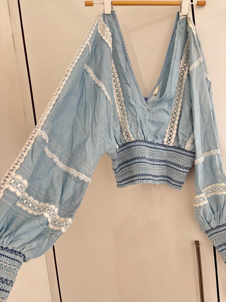 Light Blue Embroidered Crop Top