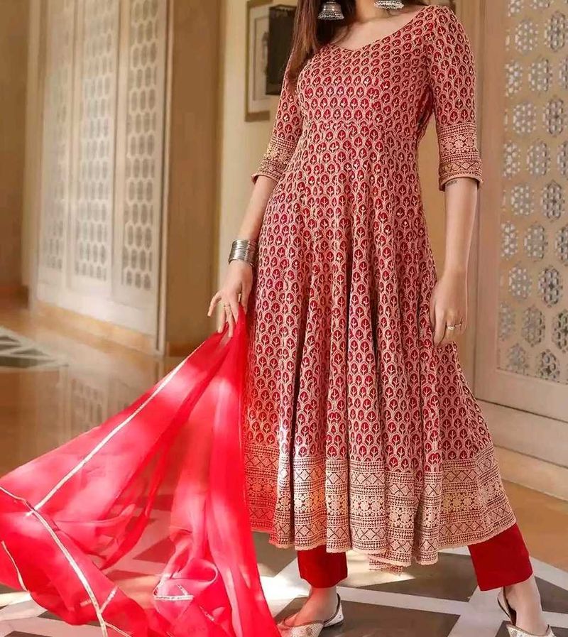 Red Printed Anarkali Kurta Set