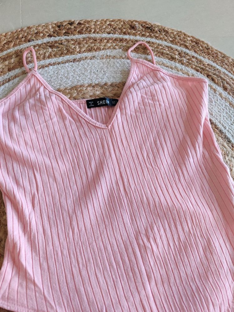 SHEIN Pink Solid Rib-Knit Cami Bodysuit