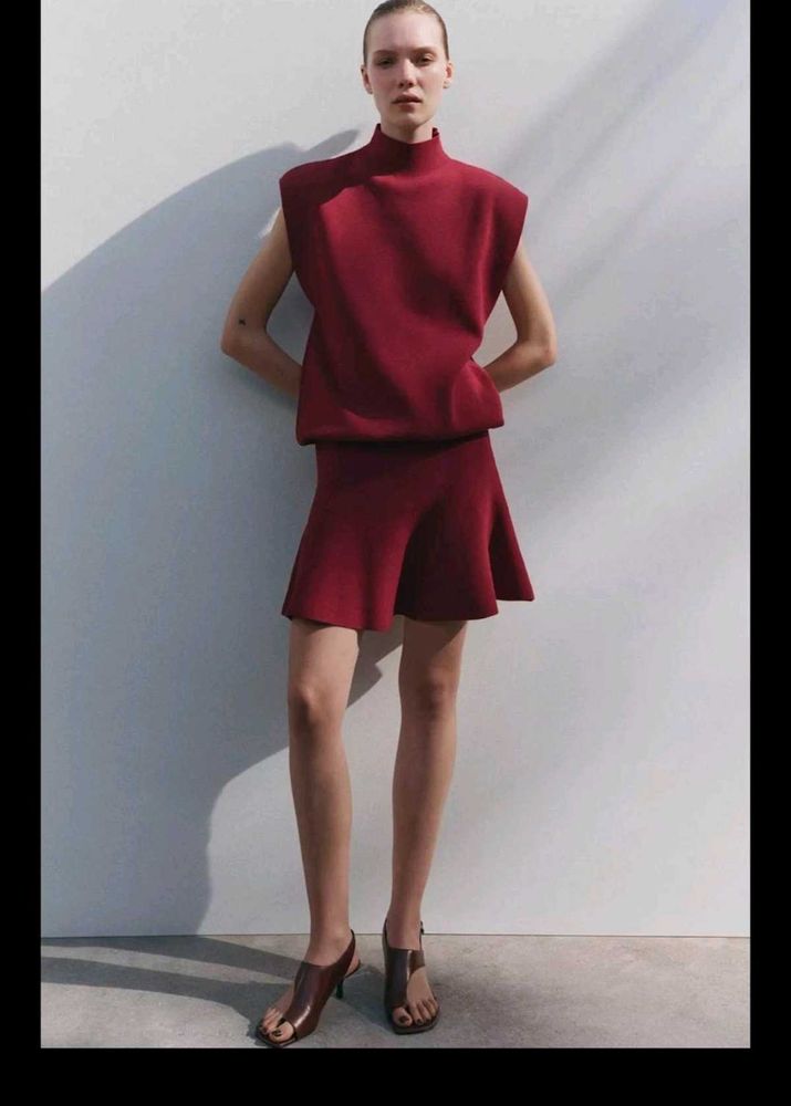ZARA Maroon Fit &amp; Flare Mini Skirt