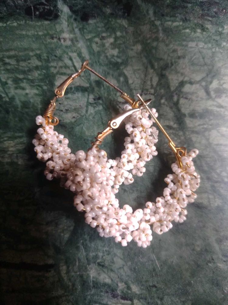 Elegant White Beaded Hoop Earrings