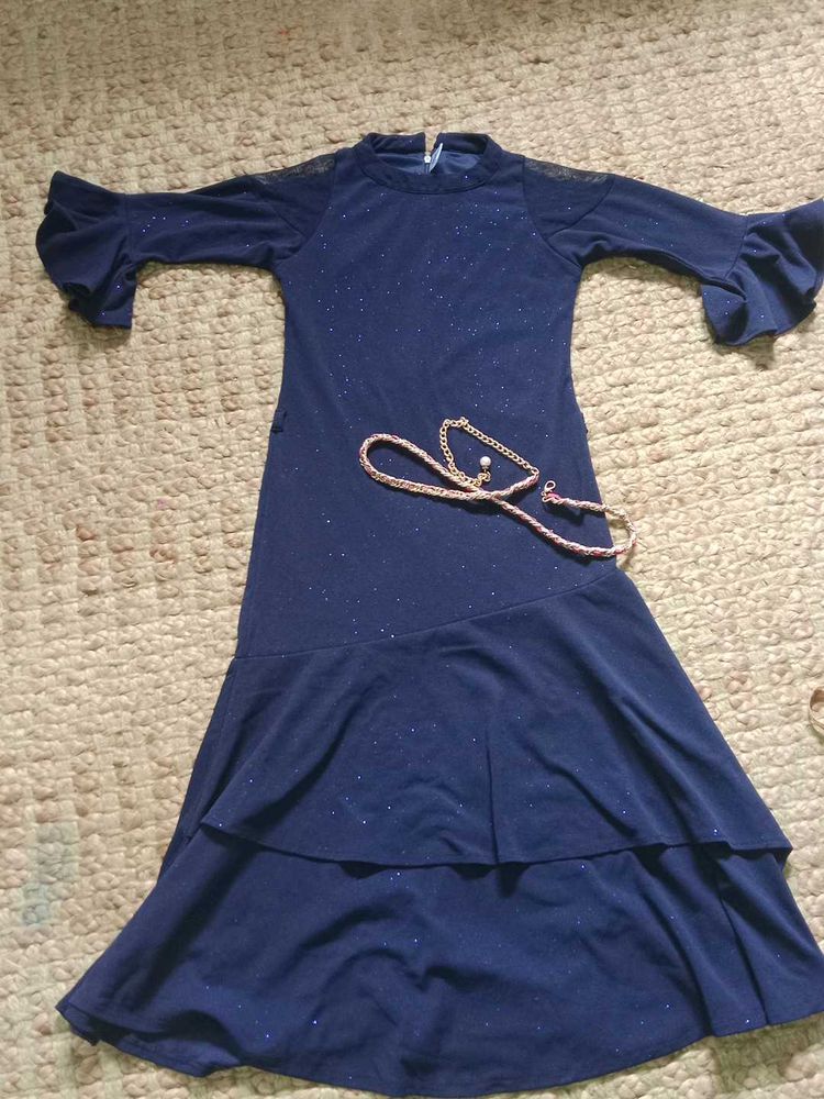 Navy Sparkle Ruffle Dress with Necklace