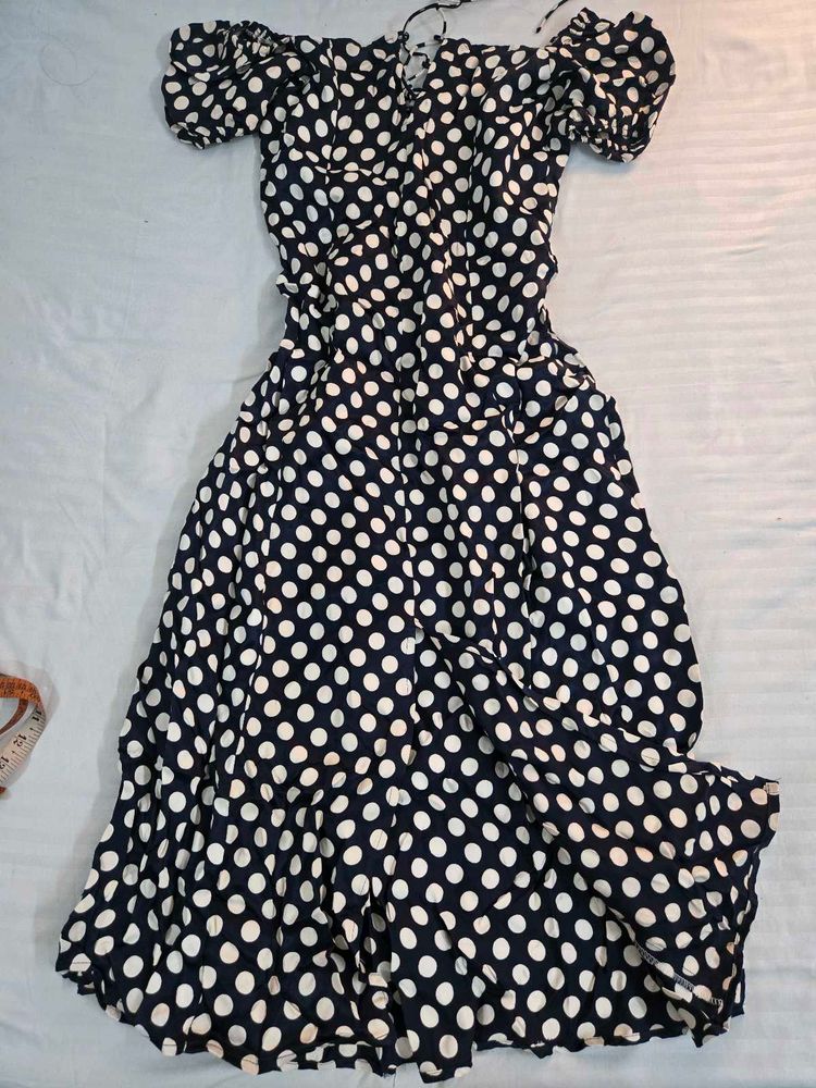 Chic Navy Polka Dot Midi Dress bust 34/36