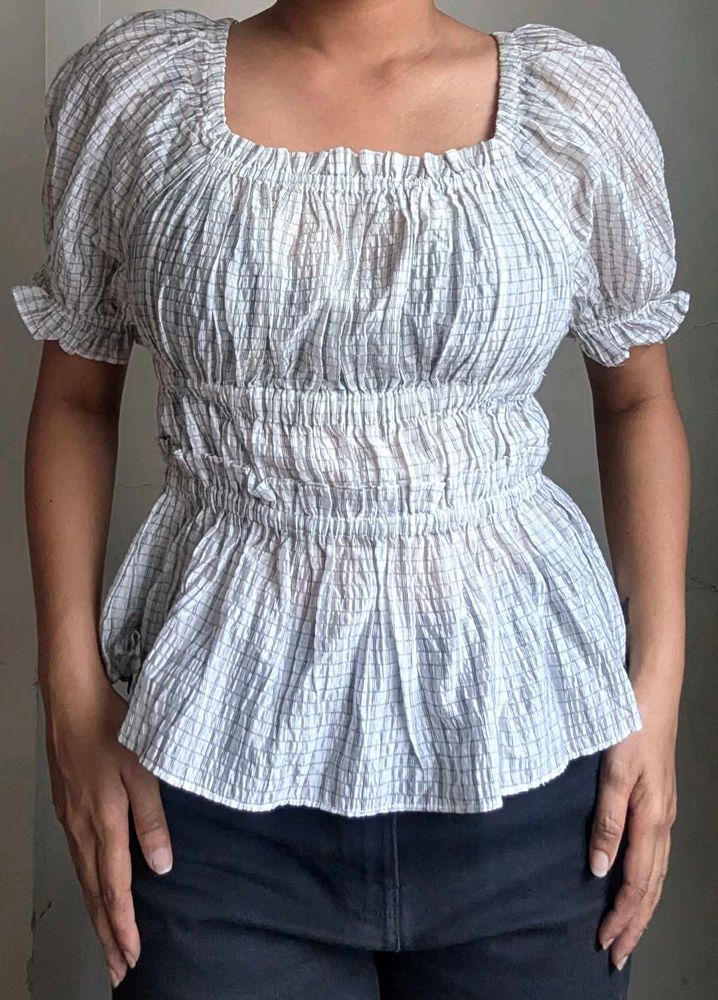 Trendy Checkered Smocked Blouse