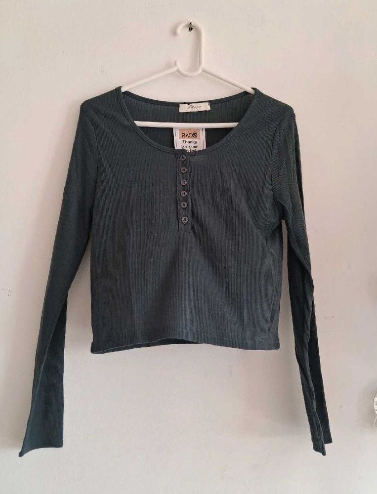 Ribbed Henley Long Sleeve Top