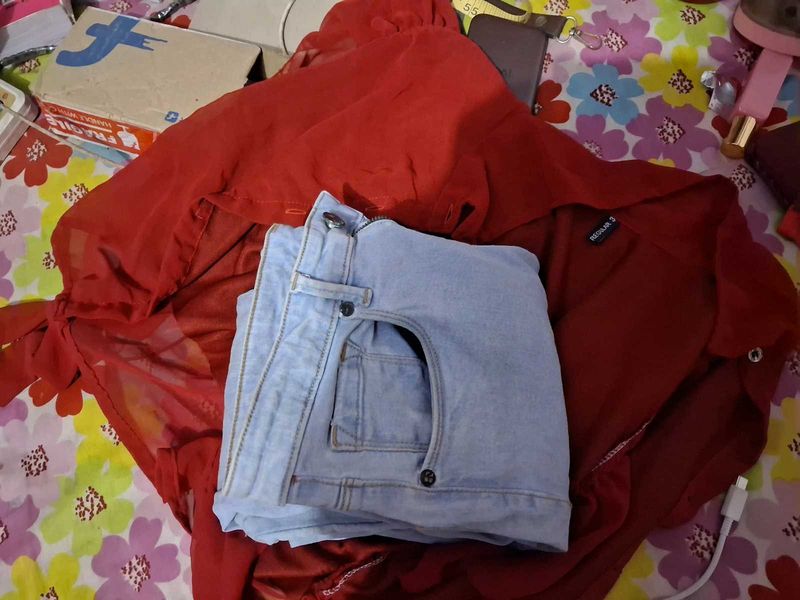 Chic Red top Set with Jeans