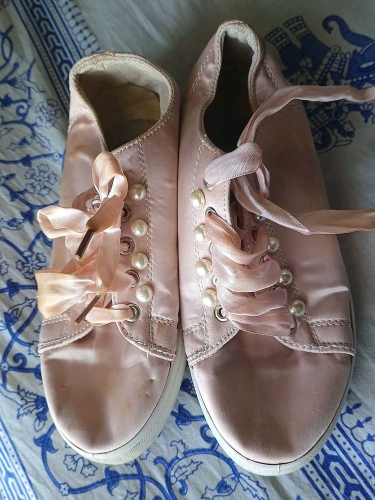 Pink Satin Sneakers with Pearl &amp; Ribbon Accents