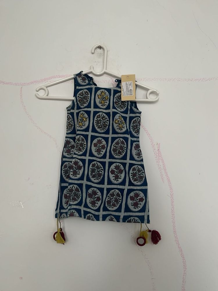 Blue Block Print Kurta with Tassels