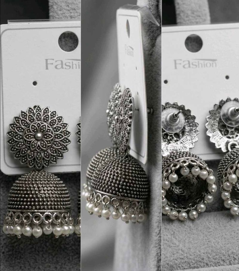 Oxidized Silver Jhumka Earrings with Pearls