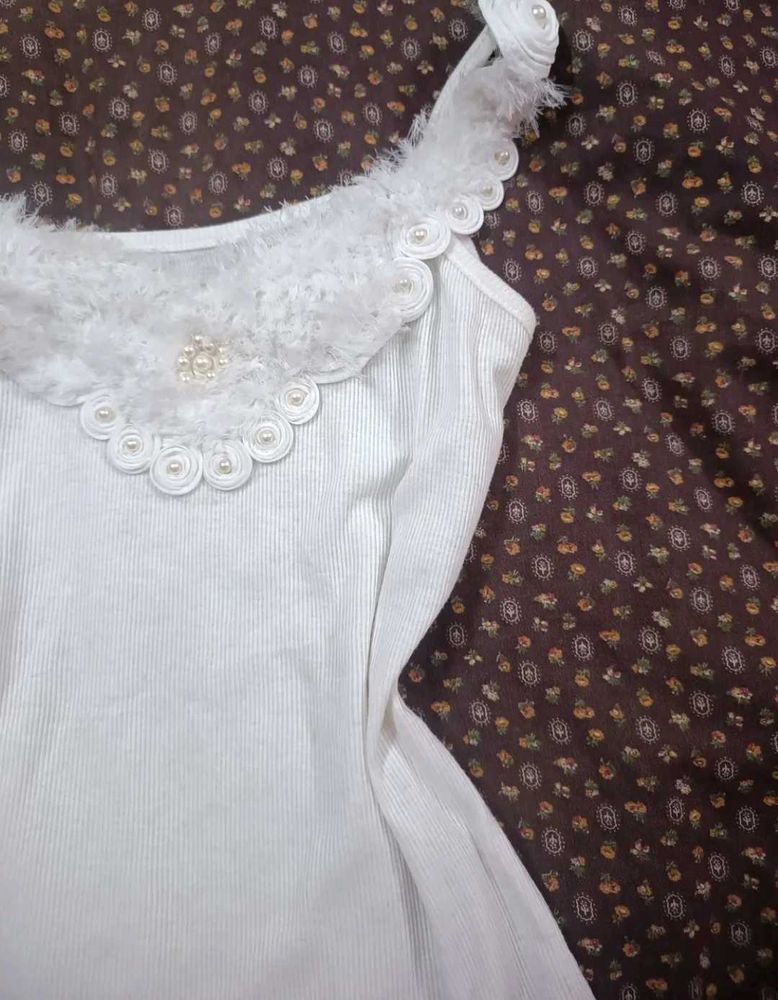 White Ribbed Tank Top with Pearl Embellishment