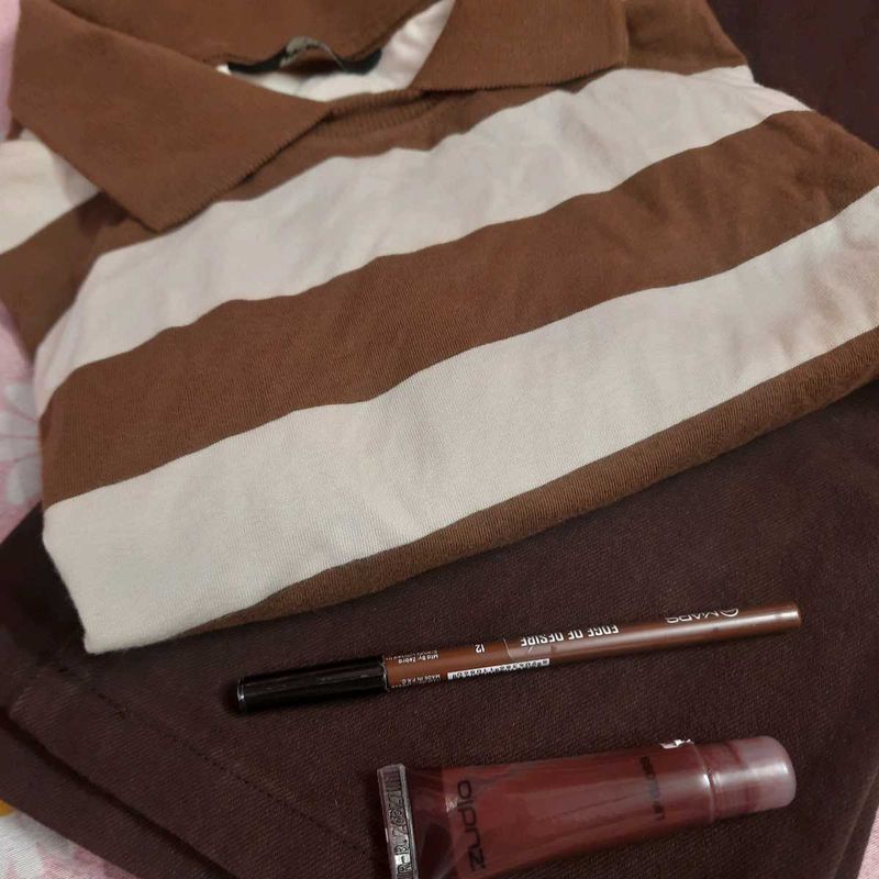 Women Striped Crop Polo T-shirt &amp; Brown J
