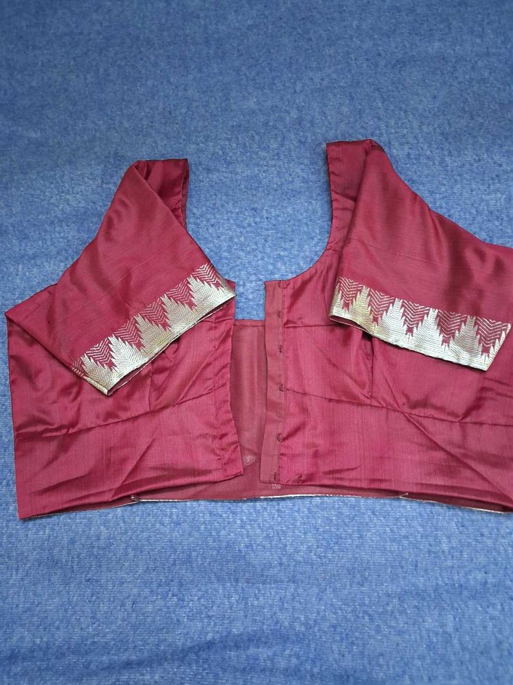 Maroon Silk Blouse with Silver Border