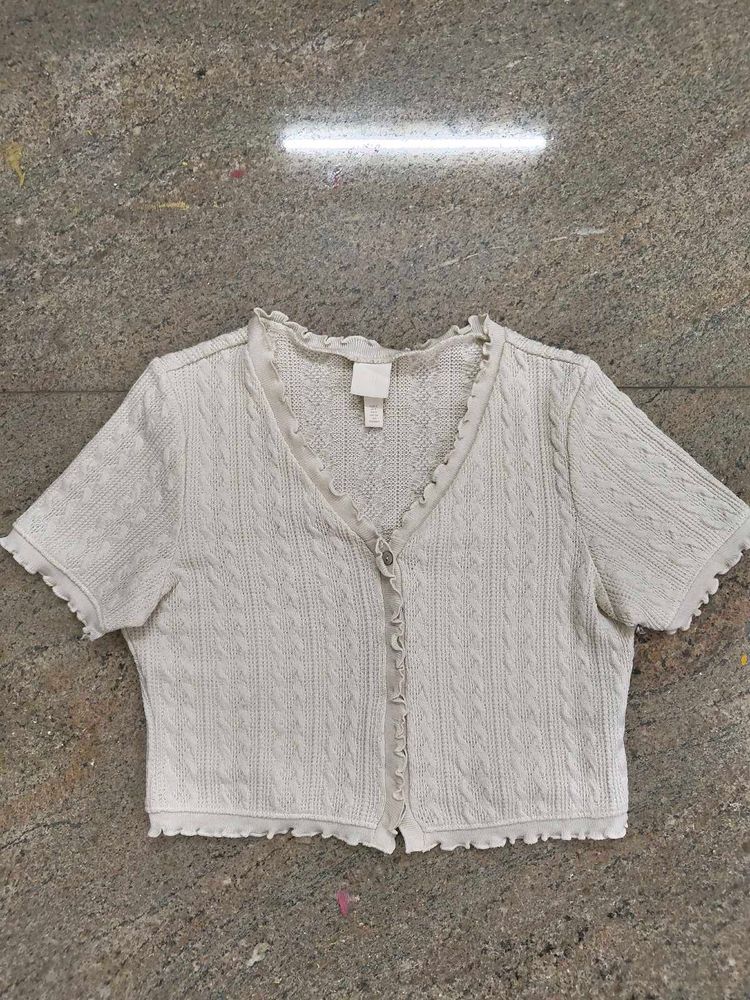 H&amp;M White Cable Knit Cropped Cardigan