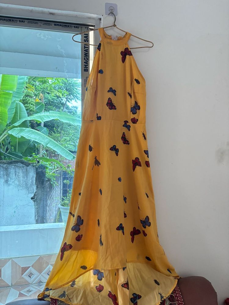 Yellow Butterfly Print Halter Dress