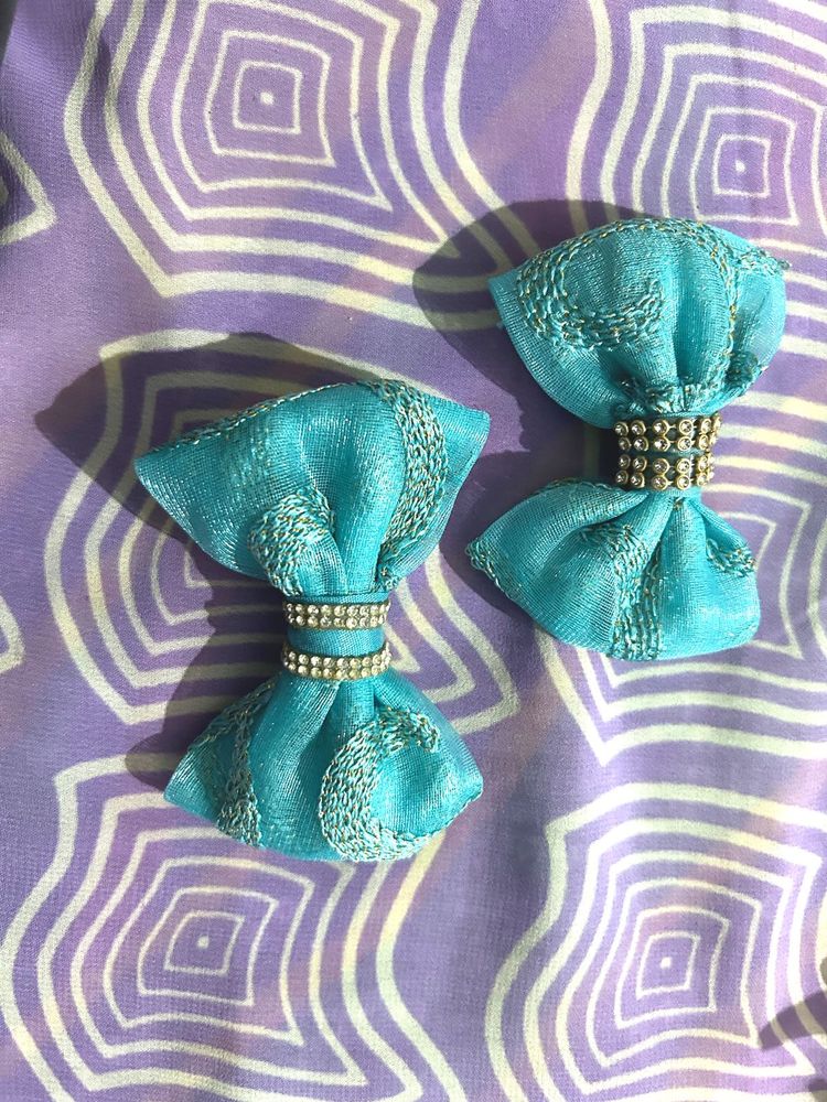 Turquoise Bow Hair Clips with Rhinestones