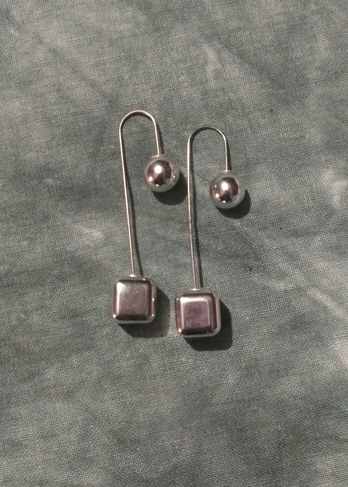 Silver Tone Ball &amp; Cube Drop Earrings