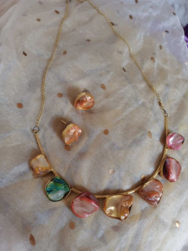 Boho Chic MOP Stone Necklace &amp; Earring Set