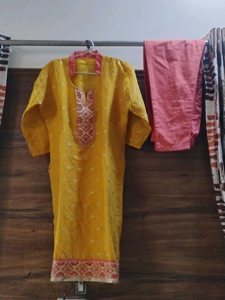 Yellow Kurta Set with Pink Pants