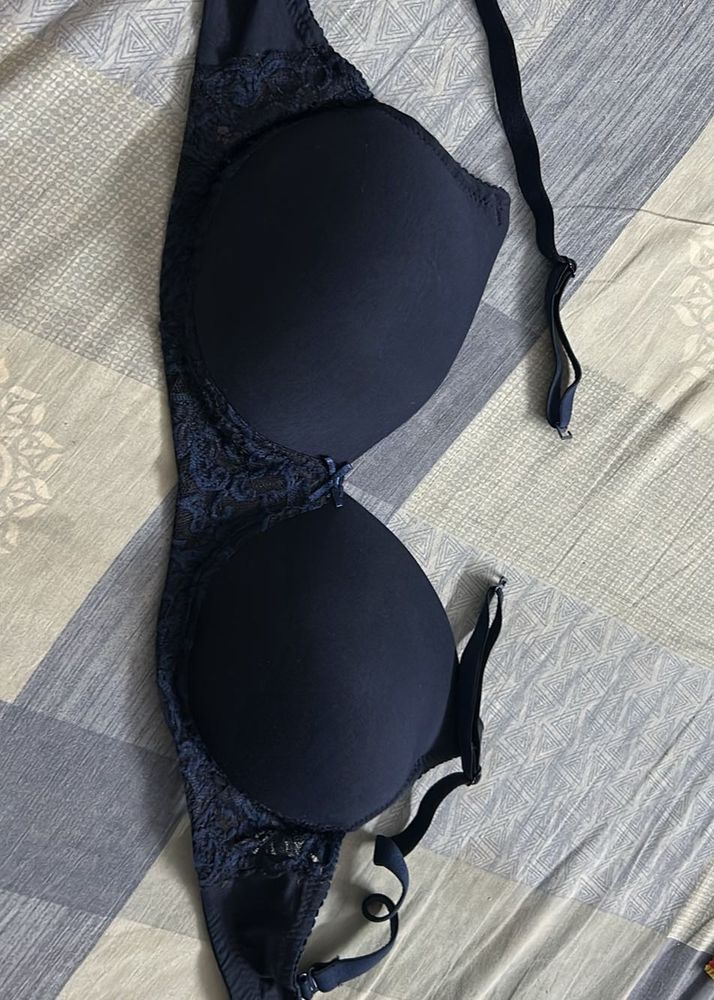 Navy Blue Lace Trim Bra