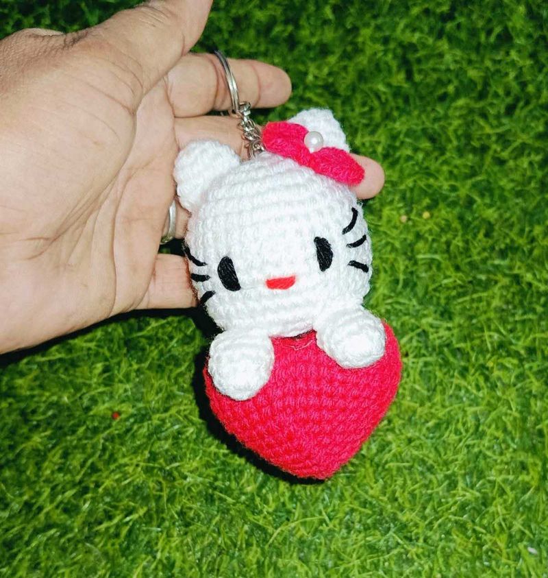 Cute Crochet Kitty with Heart keychain