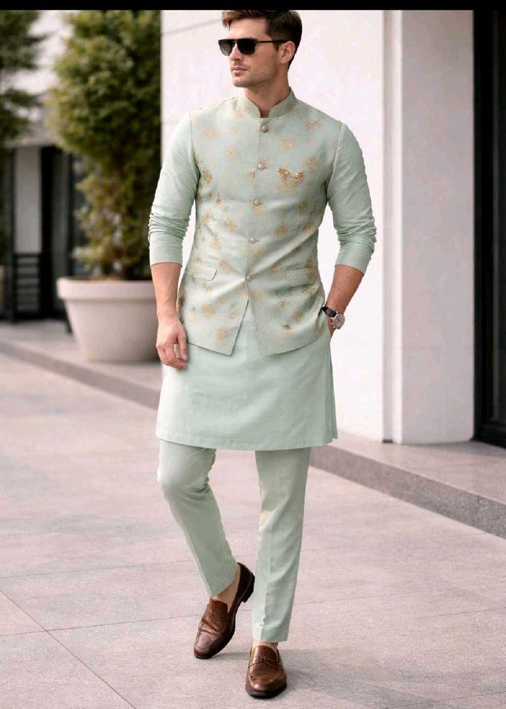 Men's Light Green Kurta Set with Nehru Jacket