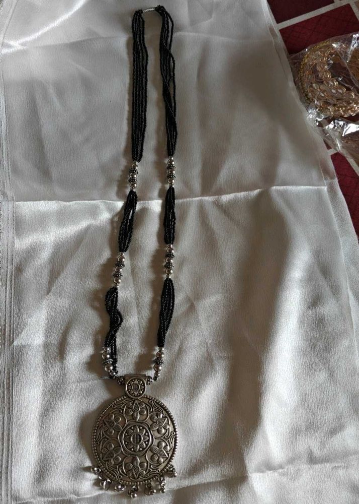 Boho Black Beaded Necklace with Pendant