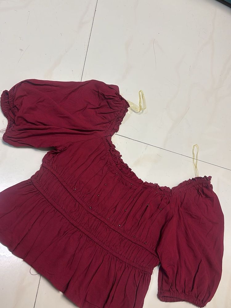 Burgundy Off-Shoulder Puff Sleeve Top