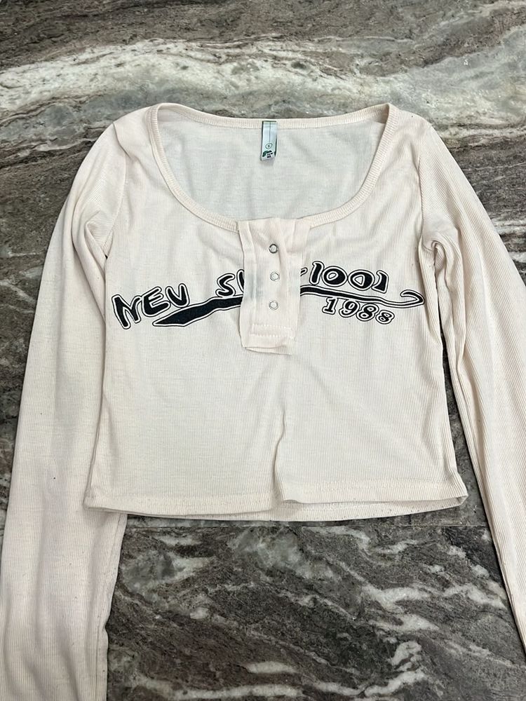 Cream Long Sleeve "New School" Cropped Top