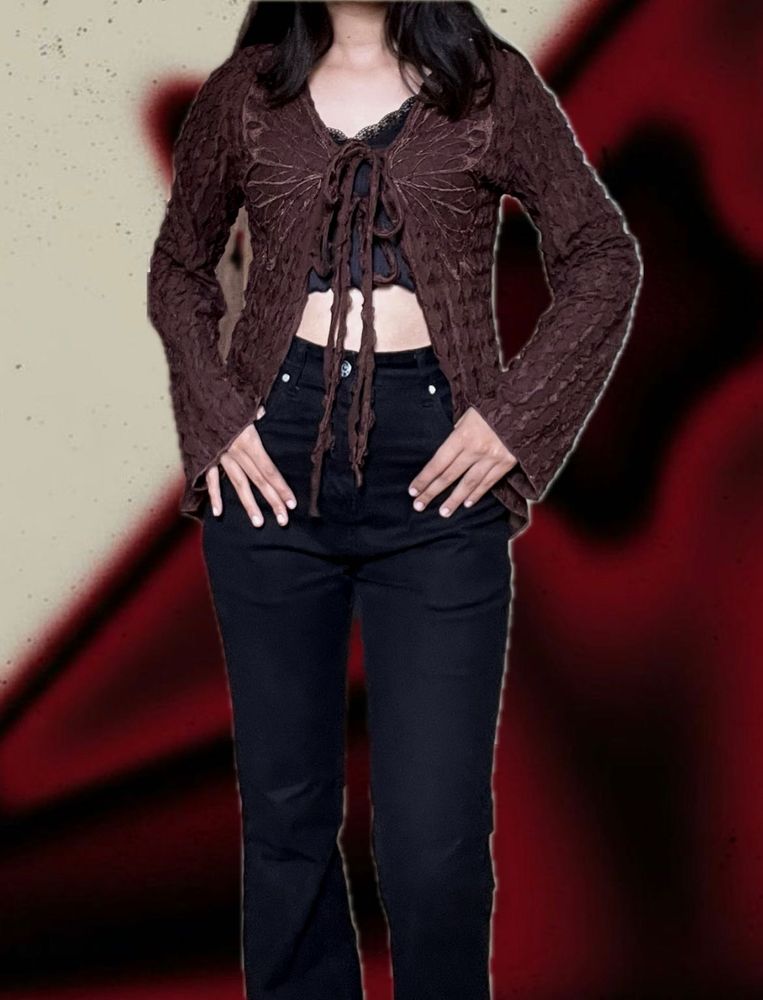 New Me Brown Butterfly Tie-Front Top