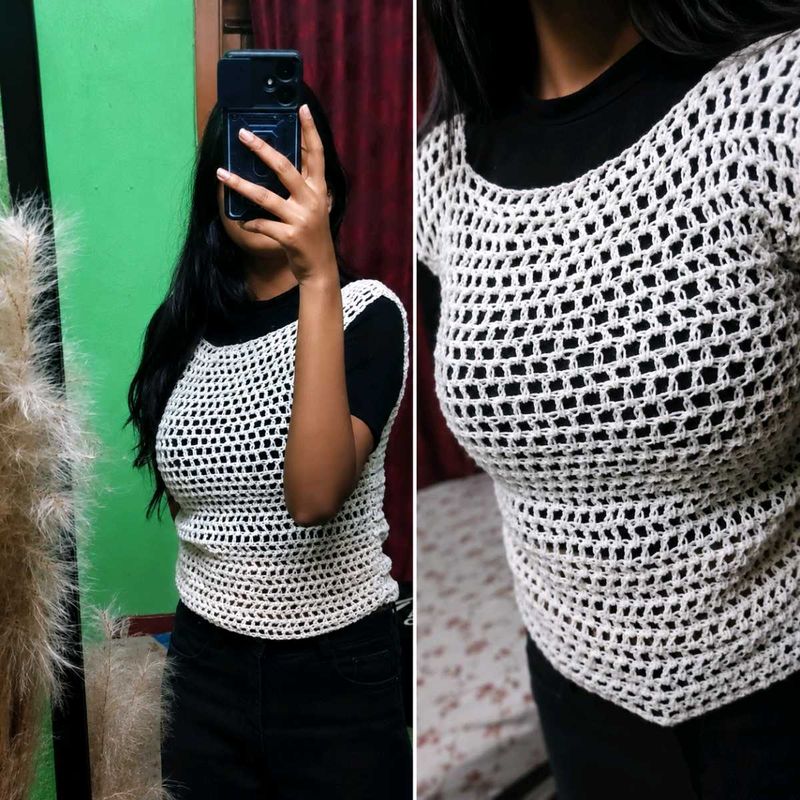 Cream Crochet Net Top