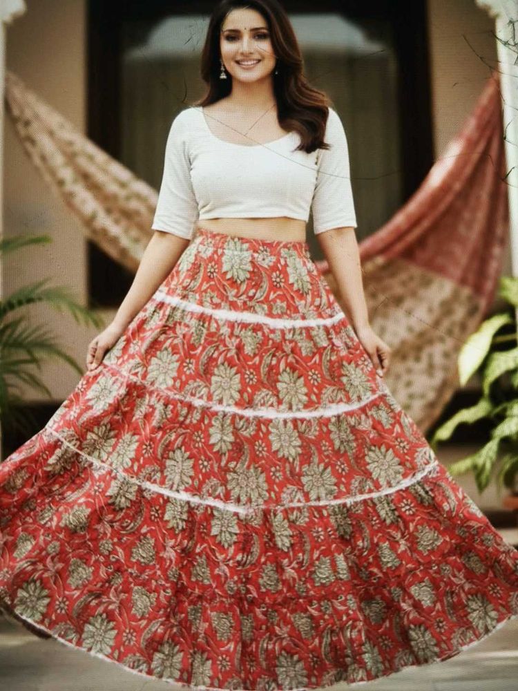Boho Red Floral Tiered Maxi Skirt