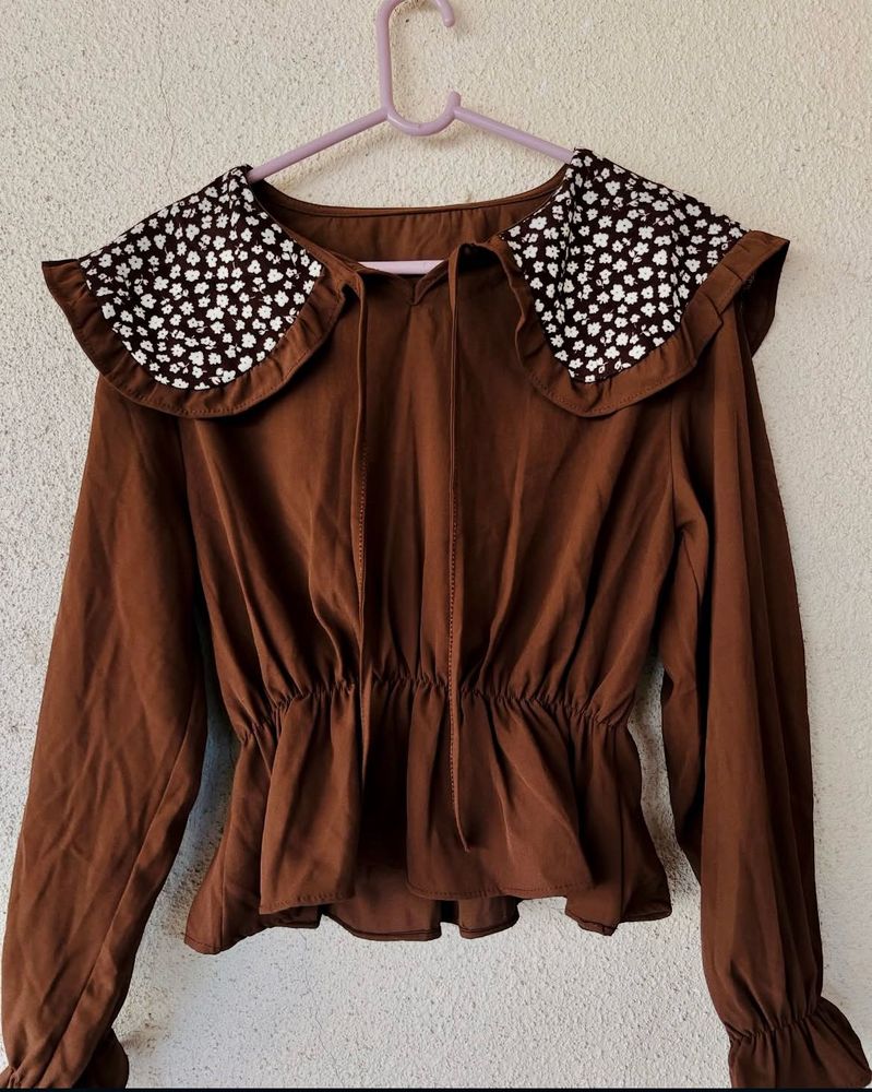 Brown Blouse with Floral Peter Pan Collar
