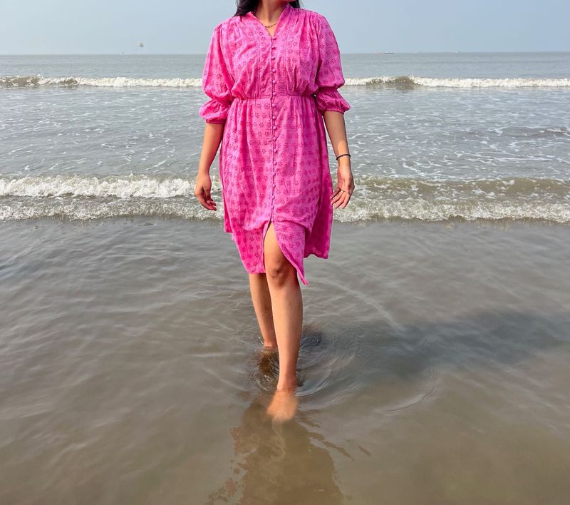 Vibrant Pink Printed Button-Up Midi Dress