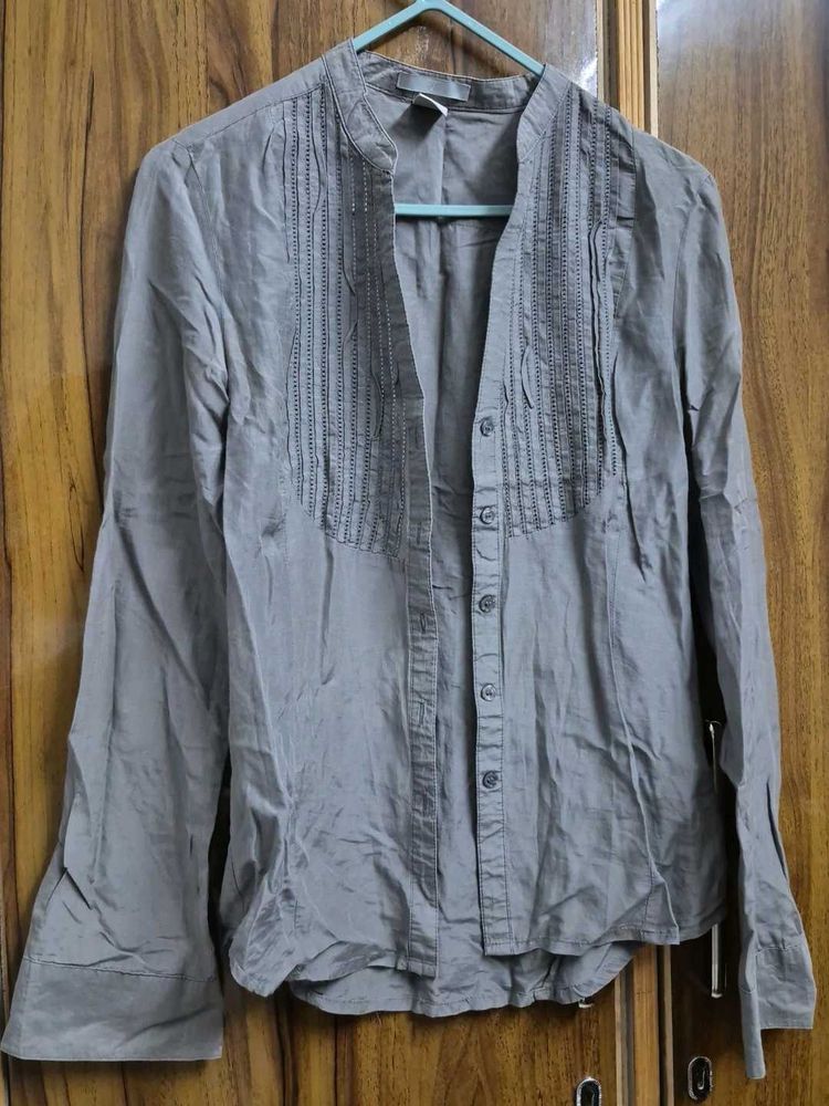 Stylish Grey Pleated Button-Up Shirt