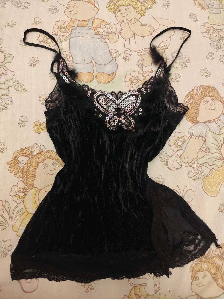Velvet Butterfly Fur and Sequin Detail Top