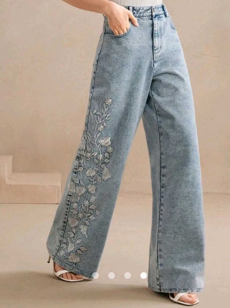 High Waist Light Wash Embroidered Jeans