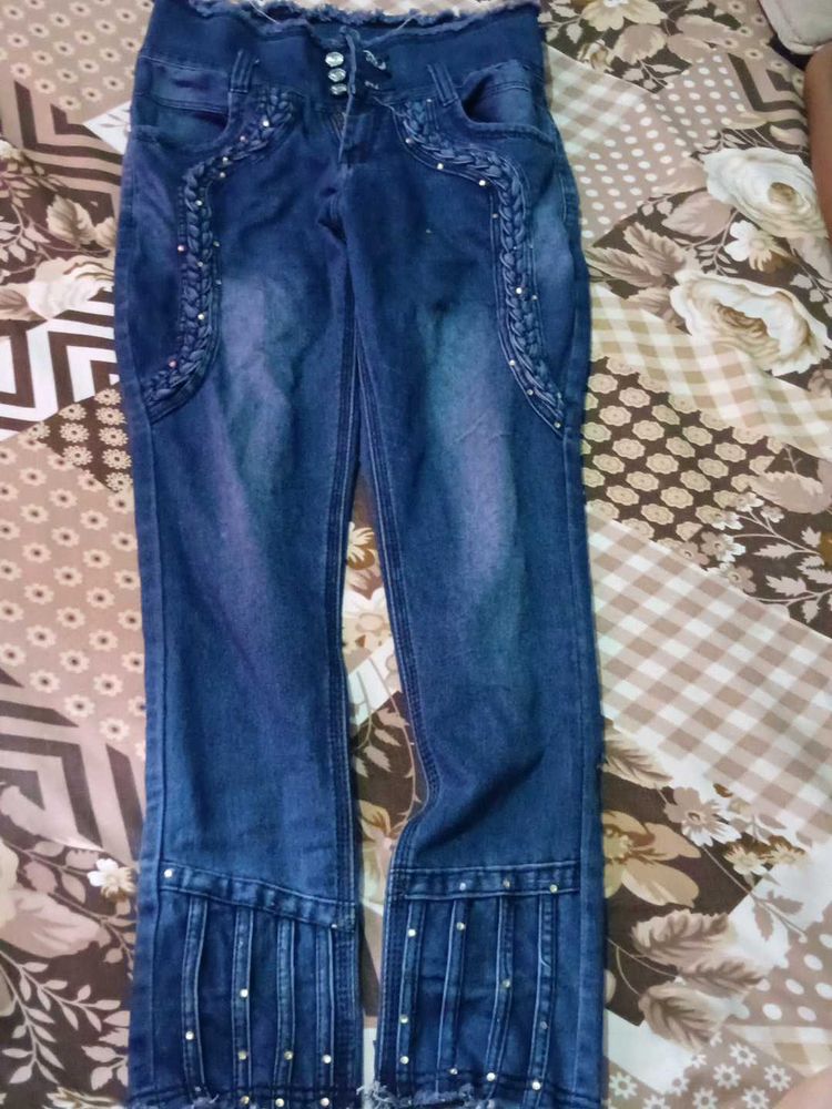 Stylish Embellished Blue Denim Jeans