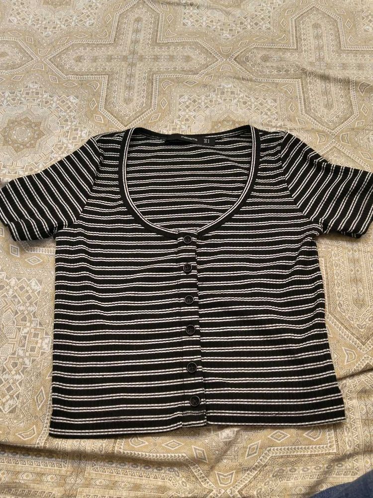 Madame Stripped Button-Up Cropped Top
