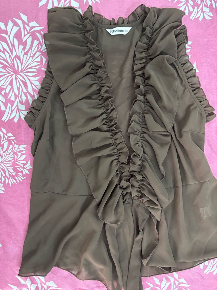 Elegant Brown Ruffled Sleeveless Top
