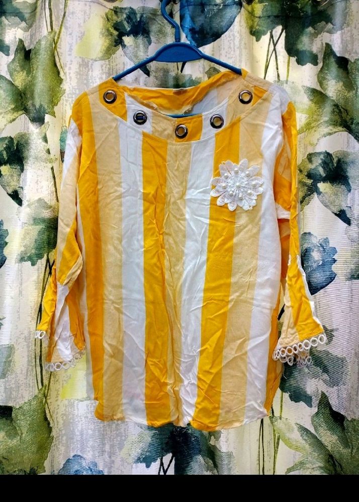 Chic Yellow &amp; White Striped Top with Flower Accent